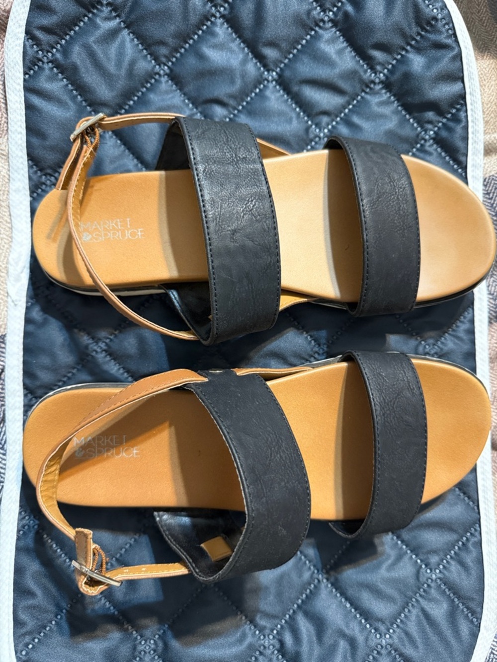 Market & Spruce Black Double-Strap Slingback Sandals with Tan Footbed